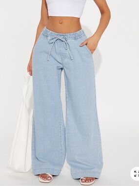 Fashion Nova Light Blue Wide-Leg Drawstring Jeans